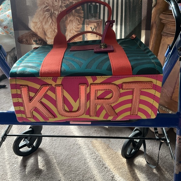 NWT Kurt Geiger Southbank Teal & Pink Patterned Canvas Tote with Orange Handles - Picture 3 of 11